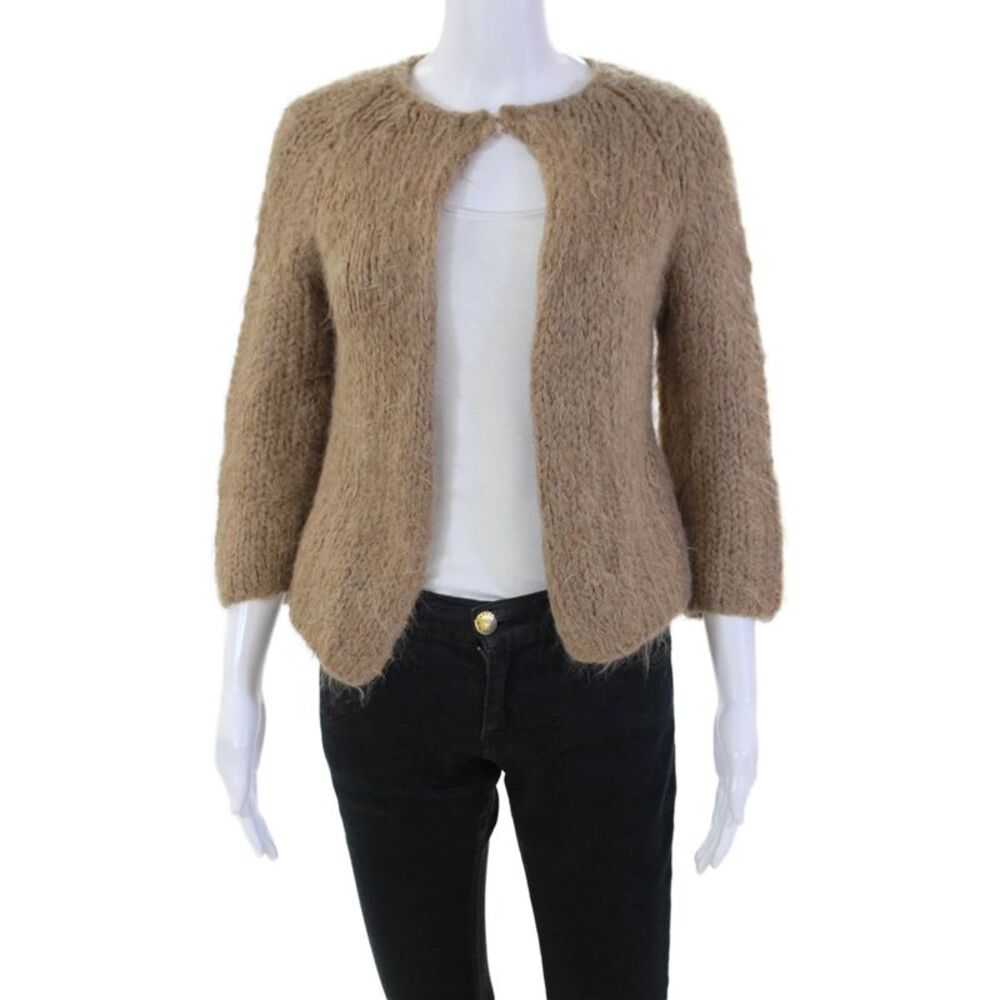 Ayni Womens Fuzzy One Button Long Sleeve Cardigan Sweater Top Brown Size XS